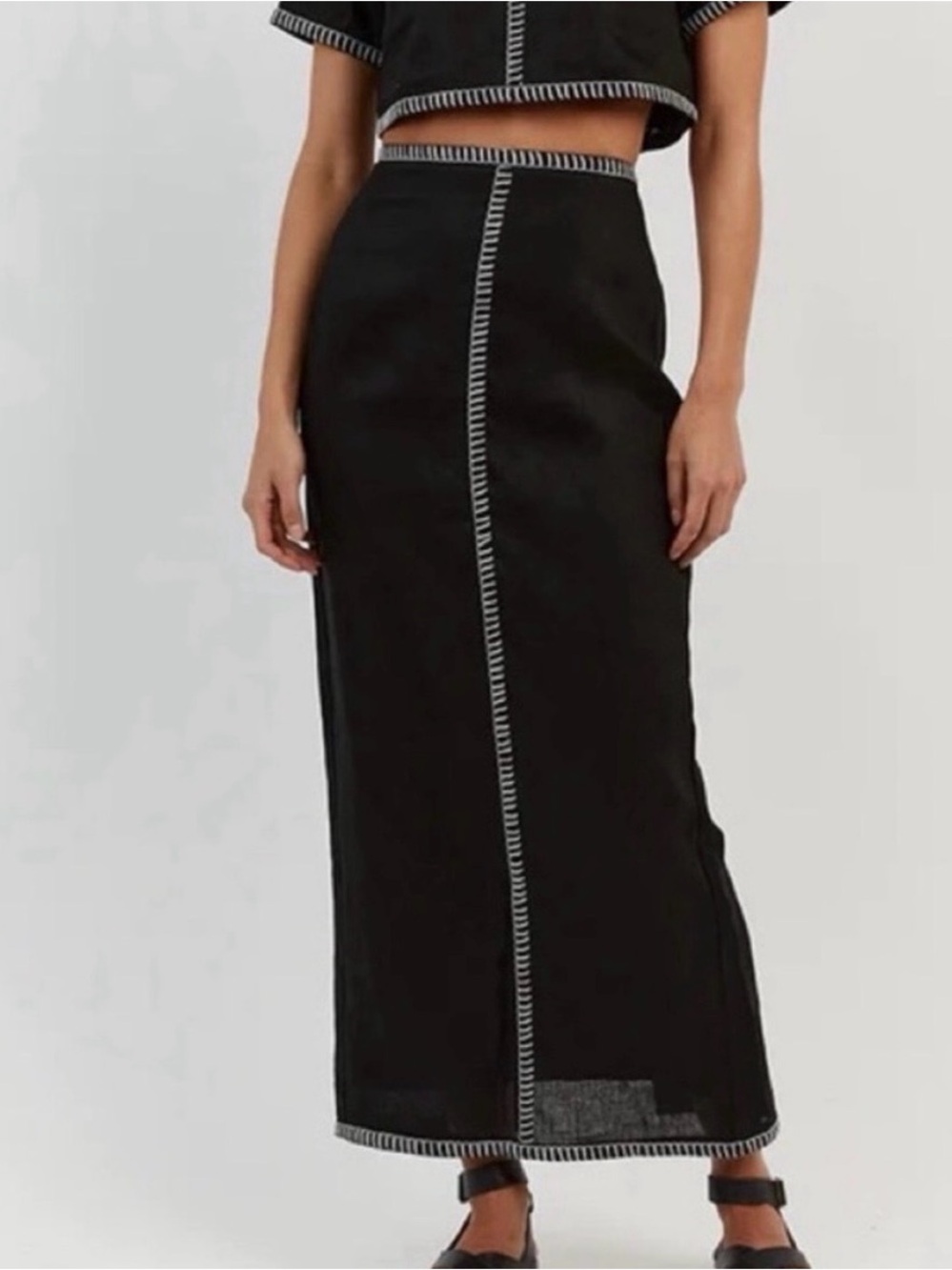 Magaschoni Black Maxi Skirt with Contrast White Stitching